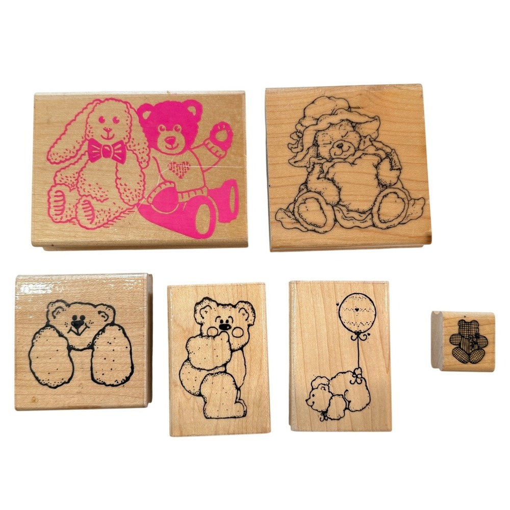 Lot of 6 Teddy Bear Wooden‎ Rubber Stamps Baby Cute Card Making Scrapbook Craft